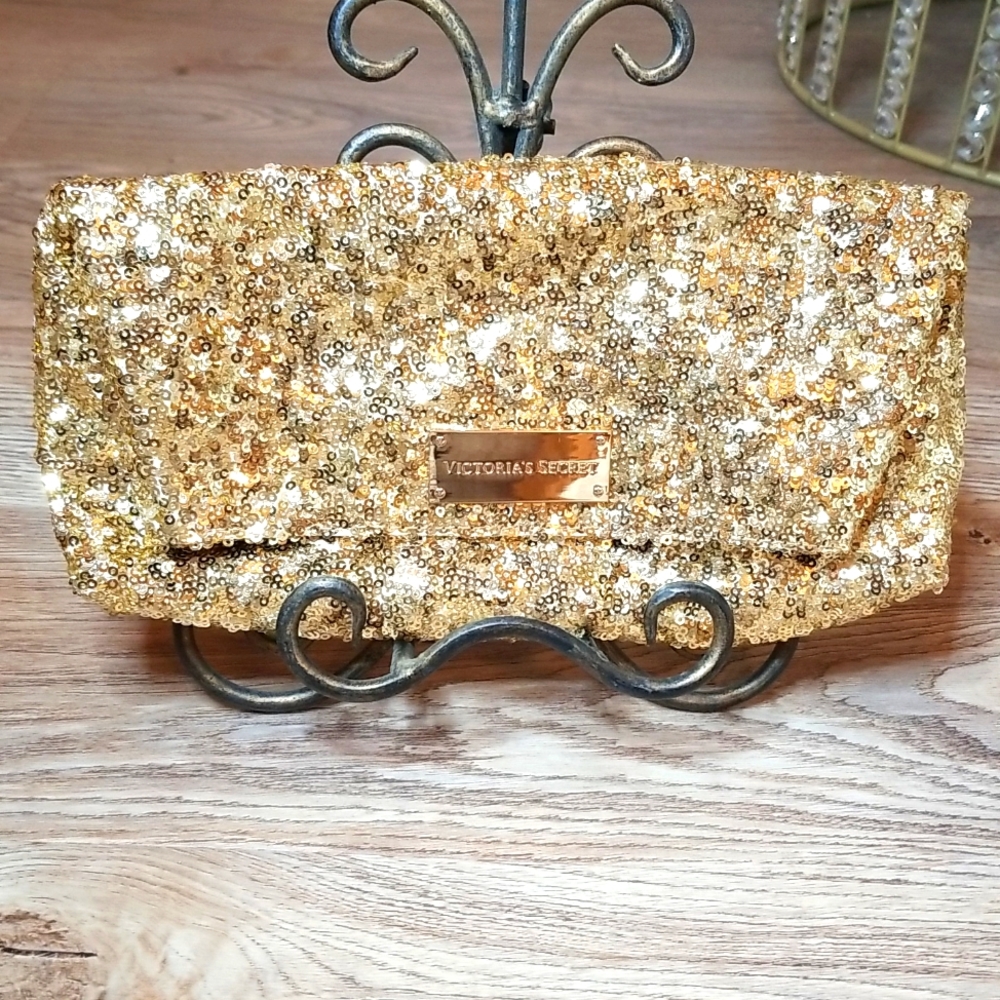 Victoria's Secret Gold Sequin Bag Pouch Purse - Picture 1 of 7